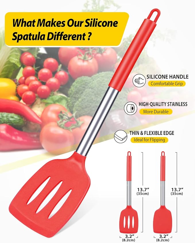 Pack of 2 Silicone Solid Turner, Non Stick Slotted Kitchen Spatulas, High Heat - Image 2