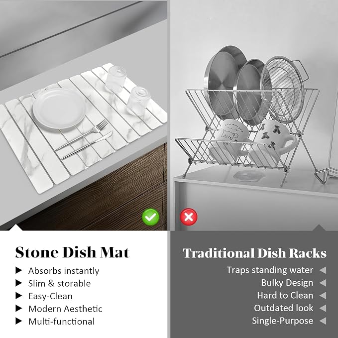 Stone Dish Drying Mats for Kitchen Counter, Collapsible Quick Drying Dish Mats - Image 6