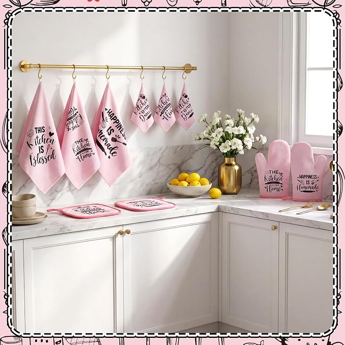 Bencailor 12 Pcs Farmhouse Kitchen Decorations Sets 8 Pink Black Kitchen Dish - Image 7