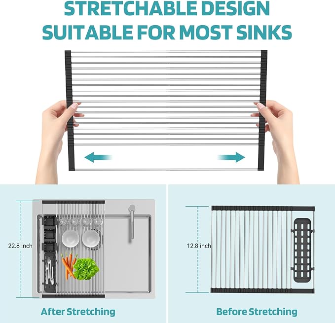 Extra Large Black Expandable Roll Up Dish Drying Rack Up to 25.1''with 2 - Image 6