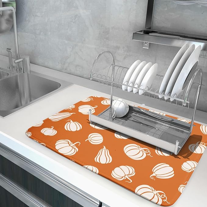 Fall Dish Drying Mat for Kitchen Counter Autumn White Pumpkins Festival - Image 5