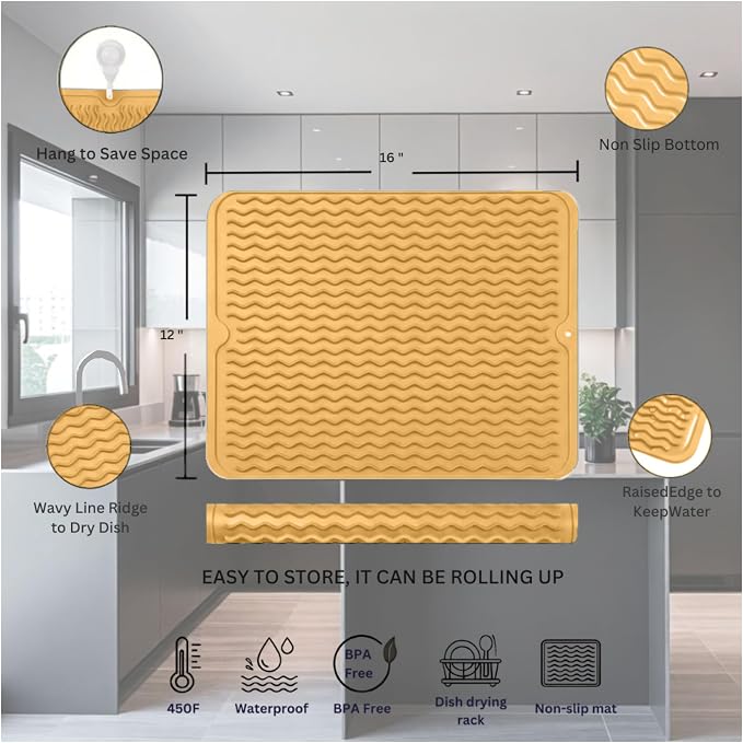 Silicone Drying Mat 16 × 12 – Yellow Tan Non-Slip Sink Mat - Image 2