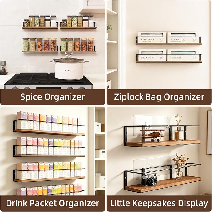 Spice Rack Self-Adhesive or drilling, Rustic Style Hanging Spice Rack, Spice - Image 8