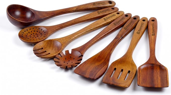 7Pcs Wooden Kitchen Utensil Set, Premium Natural Acacia Wood Cooking Utensils by Berenti