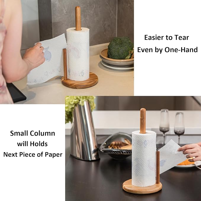 14" Acacia Wooden Paper Towel Holder, 6.7" Large Heavy Base Wooden Kitchen - Image 5