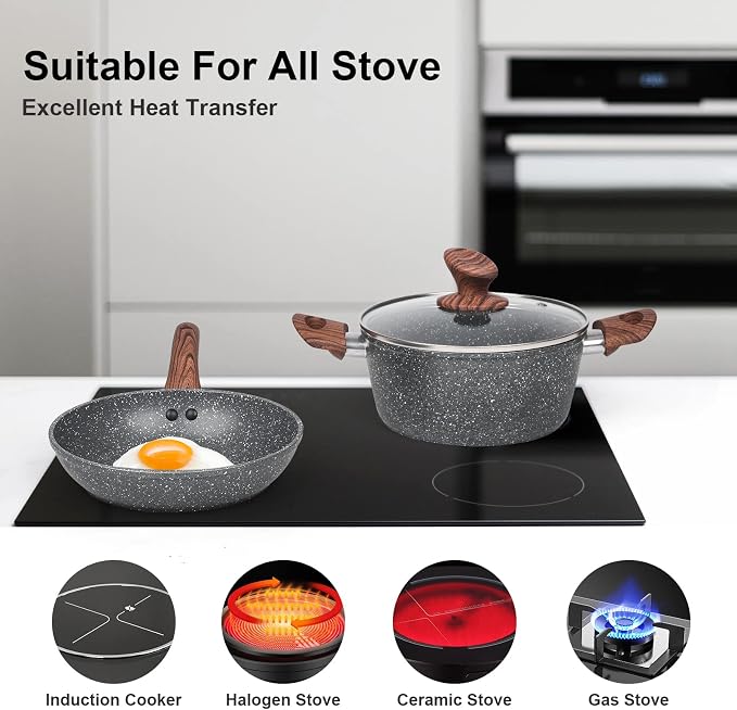 M MELENTA Granite Pots and Pans Set Non Stick, 11 Piece Die-Cast Induction - Image 5