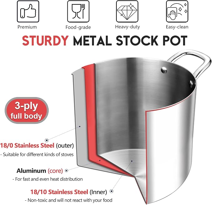 P&P CHEF 10 Quart Tri-Ply Stainless Steel Stockpot, Stock Pot - Image 4