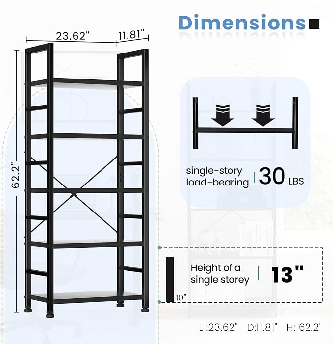DUMOS 5 Tiers Bookshelf, Classical Book Shelf, Tall Display Shelves in Living - Image 3
