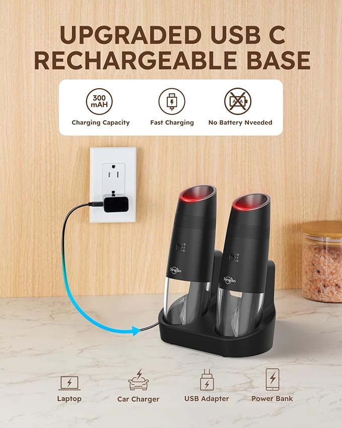 Sangcon 2-Speed Gravity Electric Salt and Pepper Grinder Set RECHARGEABLE - Image 3