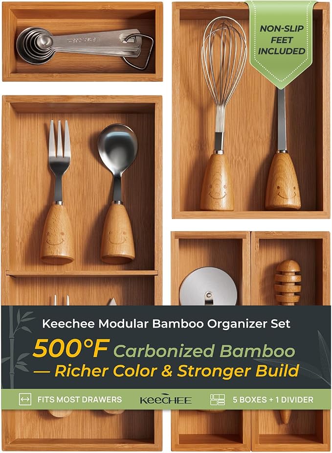 keechee 5-Piece Bamboo Drawer Organizer Set, 2.2" Deep Multi-Use Organizers by Keechee