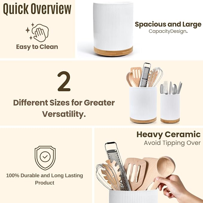 2 Pack Ceramic Utensil Holder, 7.3"+5.4" Large kitchen utensils holder - Image 6