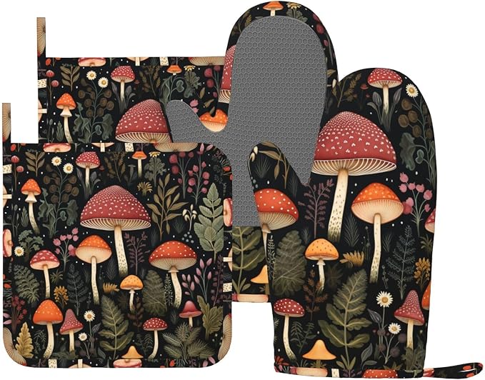 Oven Mitts and Pot Holders Mushroom Botanical Leaf Vintage Silicone Kitchen by DADABULIU
