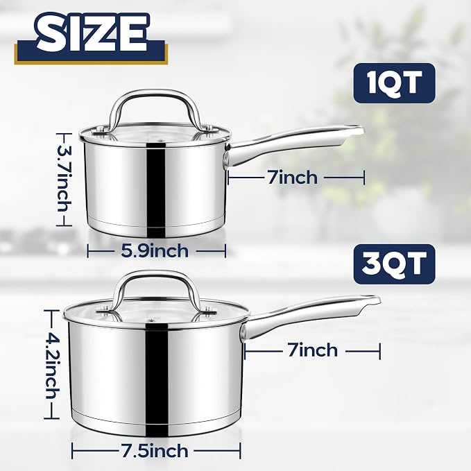 LIANYU Stainless Steel Saucepan Set of 2, 1QT & 3QT Sauce Pan - Image 2