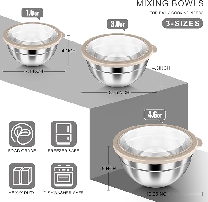 HaWare Mixing Bowls with Airtight Clear Lids, 6-Piece Stainless Steel Strong - Image 2