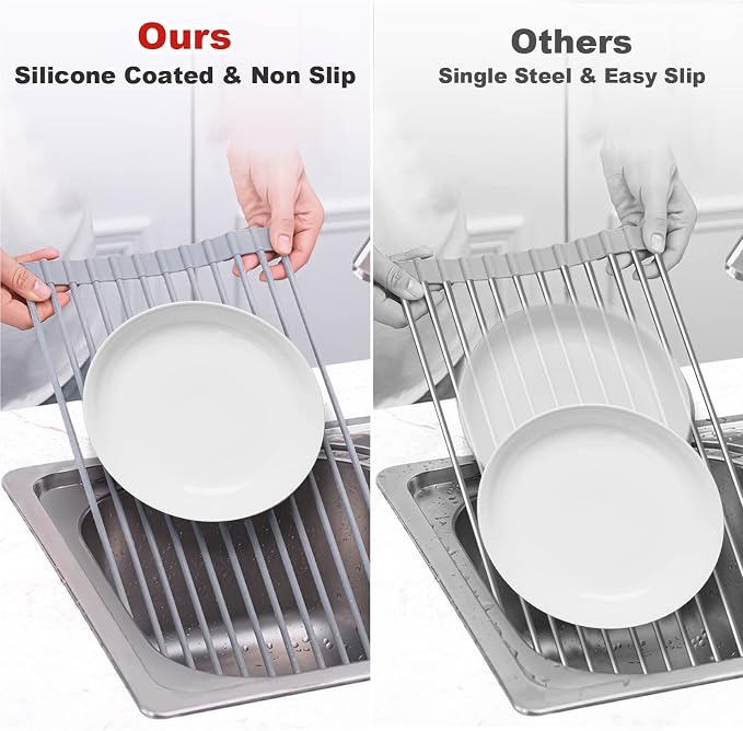 MERRYBOX Roll Up Over The Sink Dish Drying Rack Silicone Wrapped Foldable - Image 5