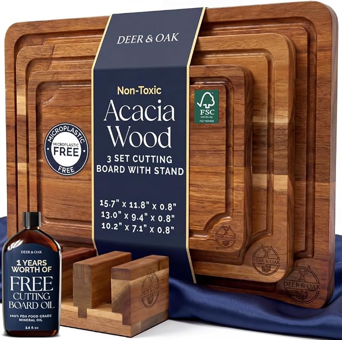 Pre-Oiled, Non Toxic 3-Piece Acacia Cutting Board Set by DeerOak