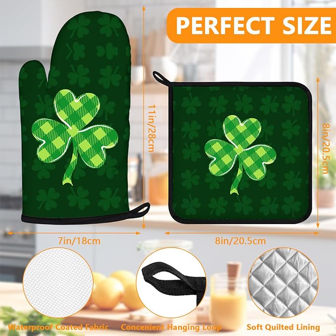 Green Clover Oven Mitts and Pot Holders Sets 4Pcs, Extra Long Oven Gloves - Image 2