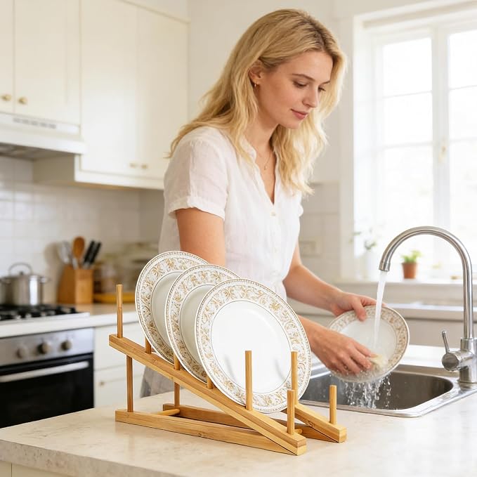 2 PCS Wooden Dish Rack Bamboo Drying Rack Stand Pot Lid Holder Kitchen Cabinet - Image 5