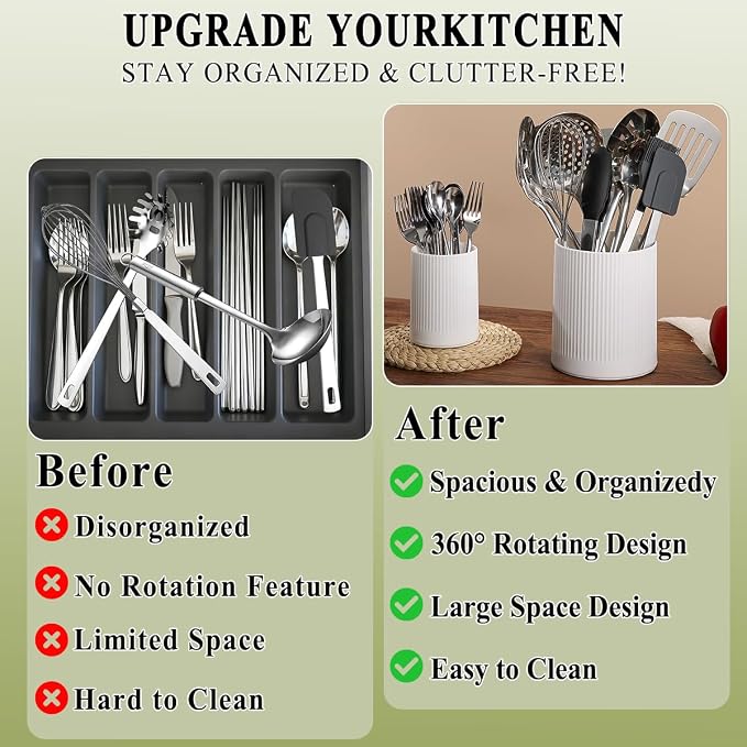 HOMQUEN 360° Rotating Utensil Holder, 6.3''+4.7'' Plastic Kitchen Utensil Holder - Image 4