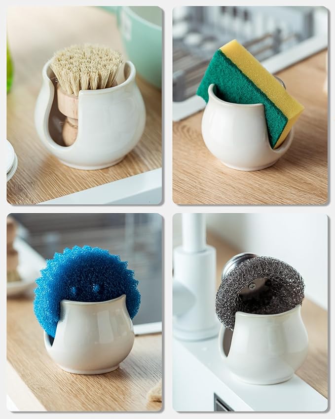 Zoeeker Sponge Holder for Kitchen Sink Counter, Ceramic Dish Sponge Caddy White - Image 5