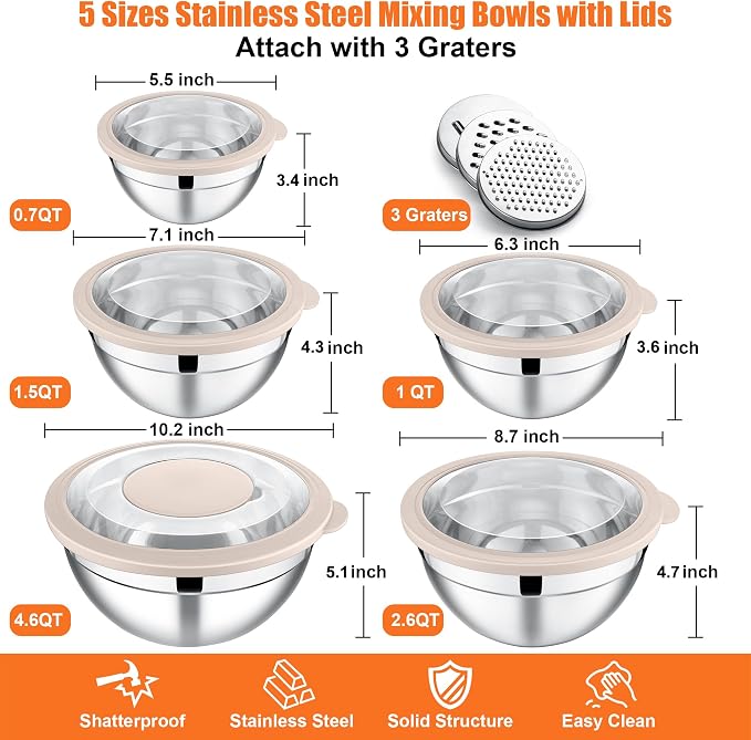 E-far Mixing Bowls Set of 5, Stainless Steel Salad Mixing Bowl - Image 5