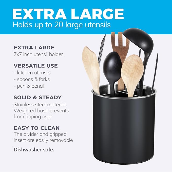 Cooler Kitchen Black Rotating Extra Large Stainless Steel Utensil Holder Caddy - Image 6