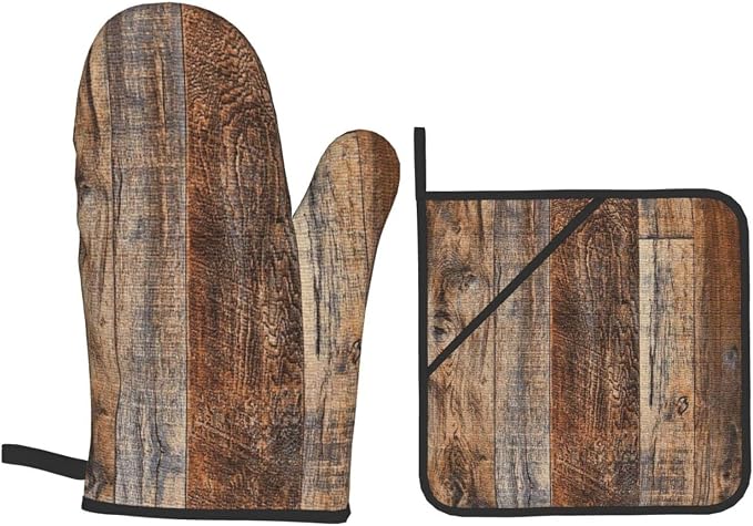 Oven Mitts and Pot Holders Sets of 4, Vintage Brown Wood Splicing Pattern - Image 9
