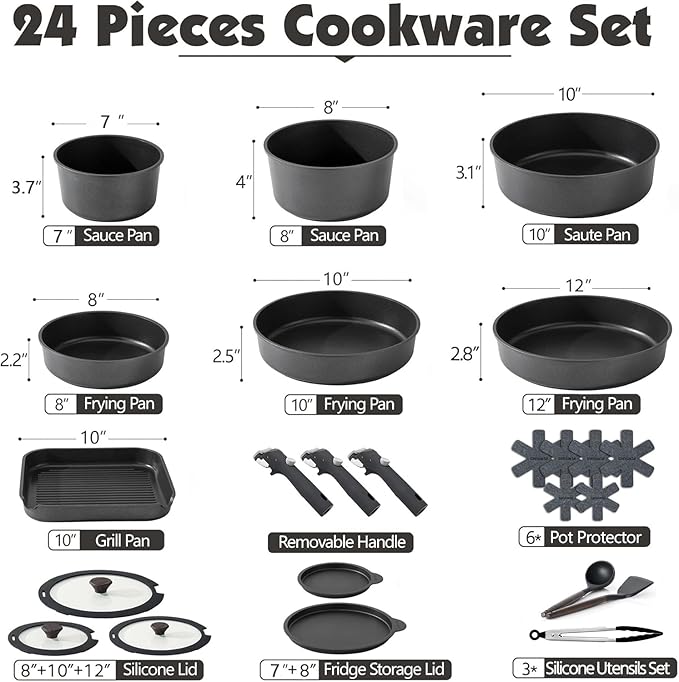 SENSARTE 24 Piece Pots and Pans Set, Nonstick Detachable Handle Cookware - Image 2