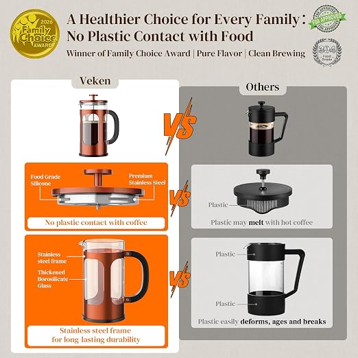Veken French Press Coffee Maker 34oz 1 L, No Plastic Touching Cafe, Heat - Image 2