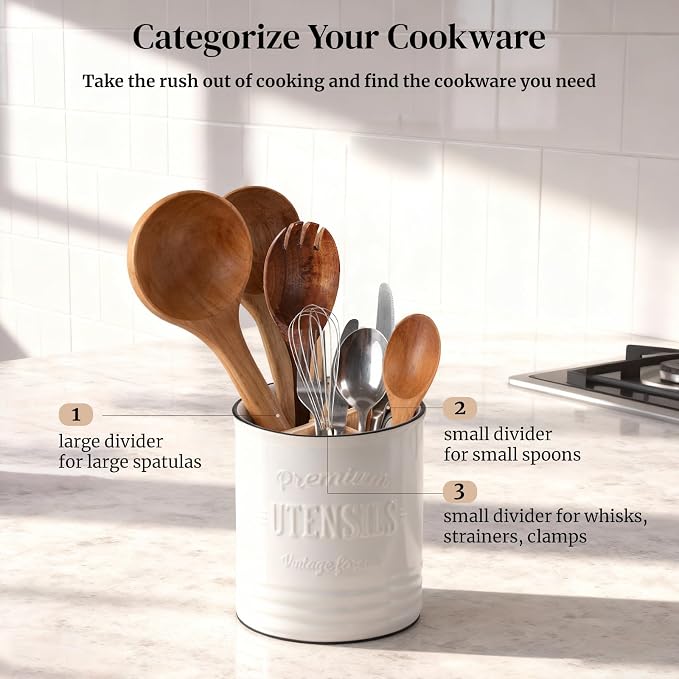 DOWAN 3 Compartment Kitchen Utensil Holder, 7.2″ Extra-Large Ceramic Stable - Image 4