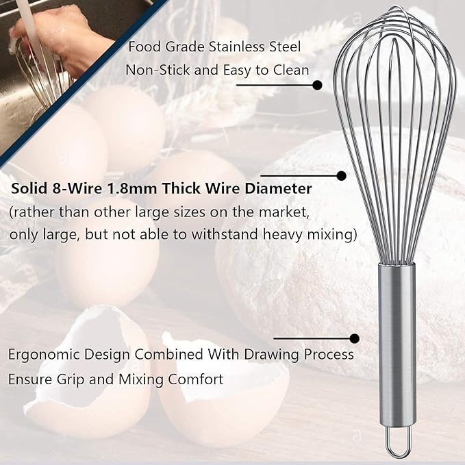 Whisks for Cooking, 3 Pack Stainless Steel Whisk for Blending, Beating and - Image 2