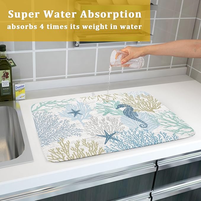 Blue Coral Dish Drying Mat Coastal Starfish Dishes Pad Hanging Drainer Mats - Image 7