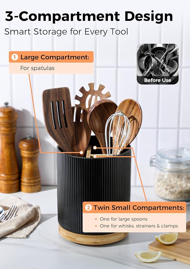 LoeJan 3 Compartment Utensil Holder, Extra Large Utensil Crock, Stable Ceramic - Image 3