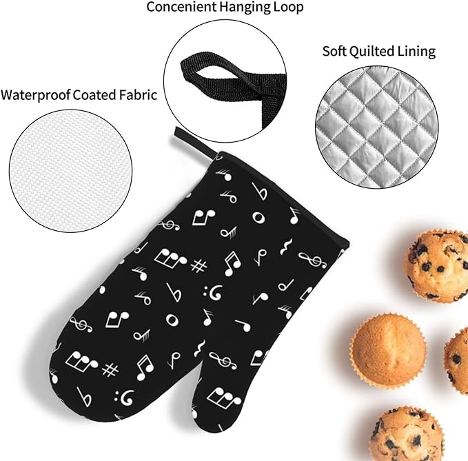 Music Notes Oven Mitts and Pot Holders Sets of 3 Black Hot Pads Musicial Oven - Image 5