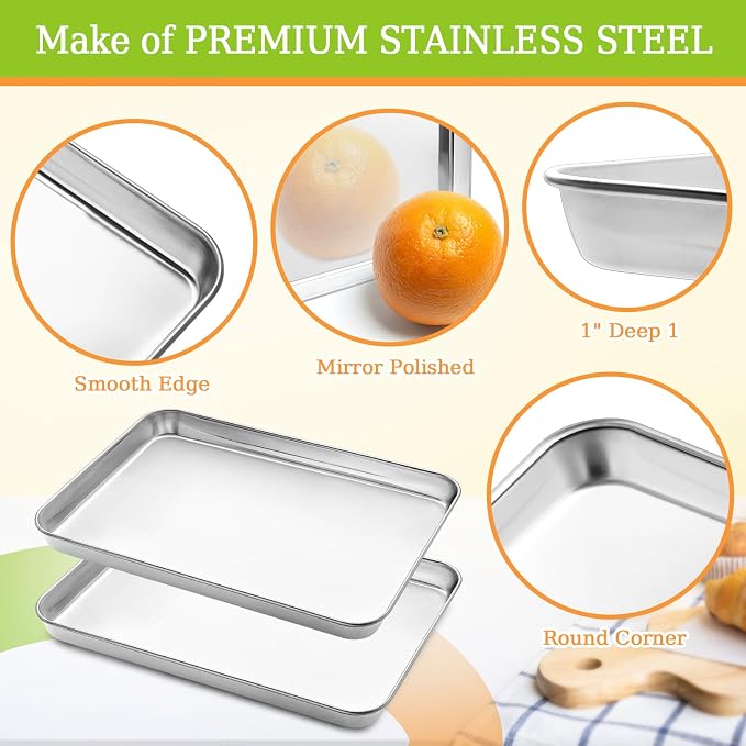 Small Baking Sheet of 2, CEKEE Stainless Steel Baking Pan Tray Cookie Sheet - Image 3