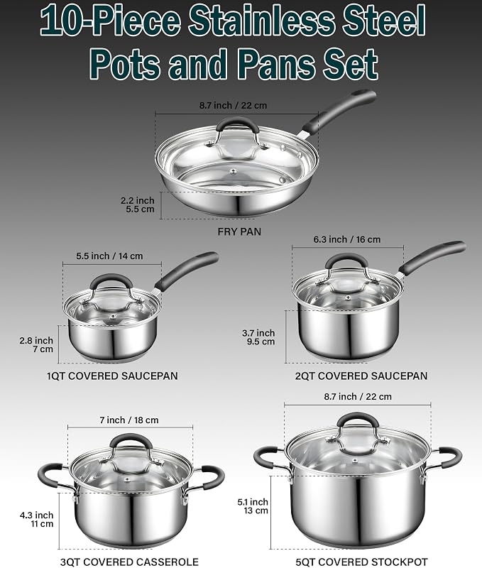Cook N Home Stainless Steel Cookware Sets 10-Piece, Pots and Pans Kitchen - Image 2