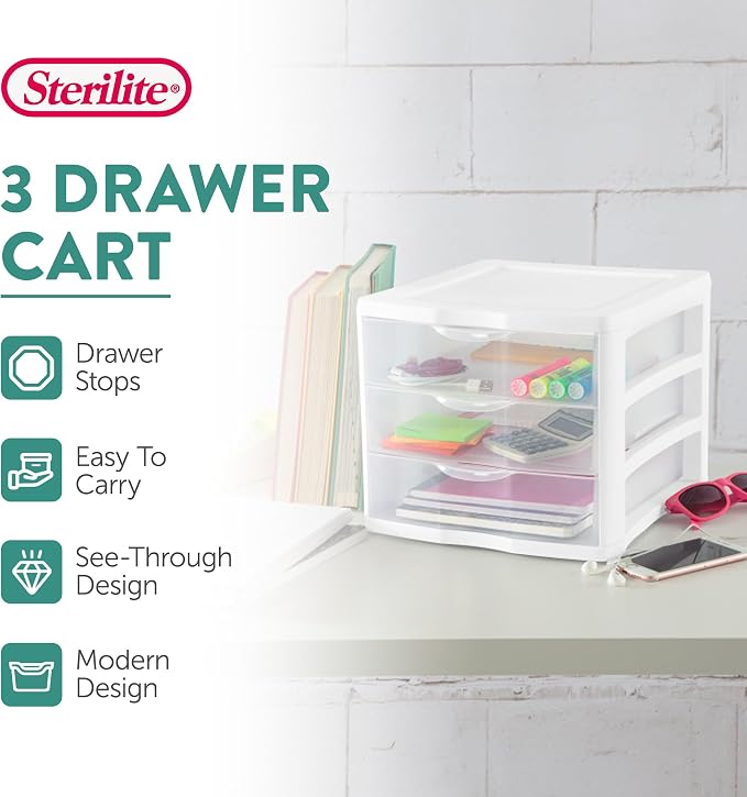 Sterilite 18-Pack Clearview 3-Drawer Cart, Small Plastic Storage Organizer - Image 4