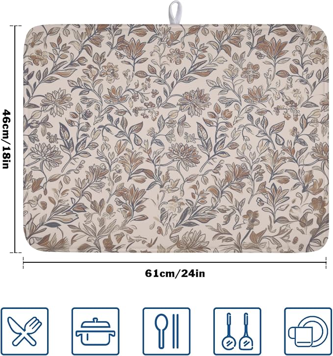 Vintage Floral Dish Drying Mat for Kitchen Counter Brown Antique Flower - Image 2