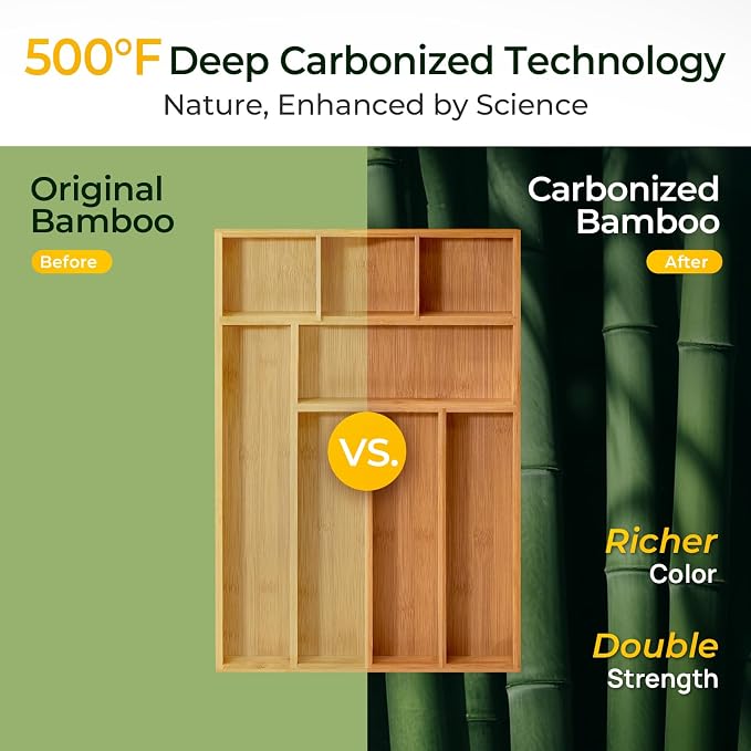 Carbonized Bamboo Kitchen Drawer Organizer, 8 Slots Silverware Organizer - Image 5