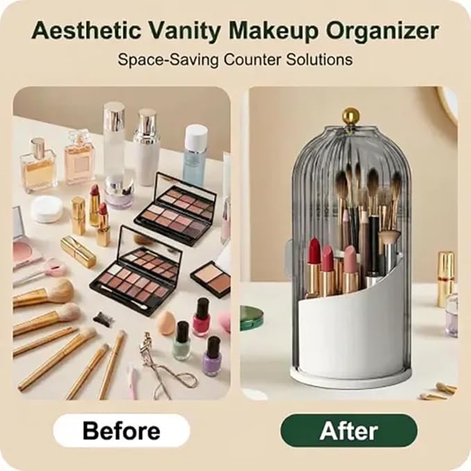 Makeup Brush Holder with Lid 360° Rotating 3-Compartment Makeup Organizers - Image 4