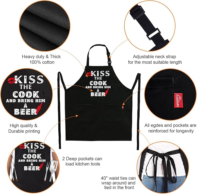 Grilling Apron - KISS THE COOK AND BRING HIM A BEER - Funny BBQ Aprons - Image 3