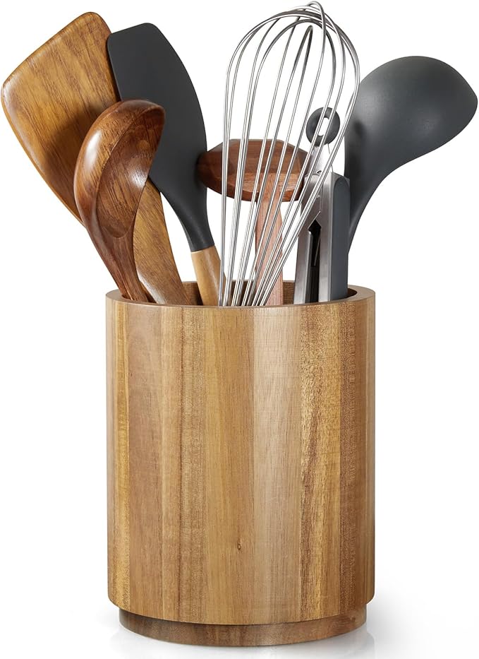 Bivvclaz Acacia Wood Utensil Holder, 360°Rotating 7.2" Utensil Holder by Bivvclaz