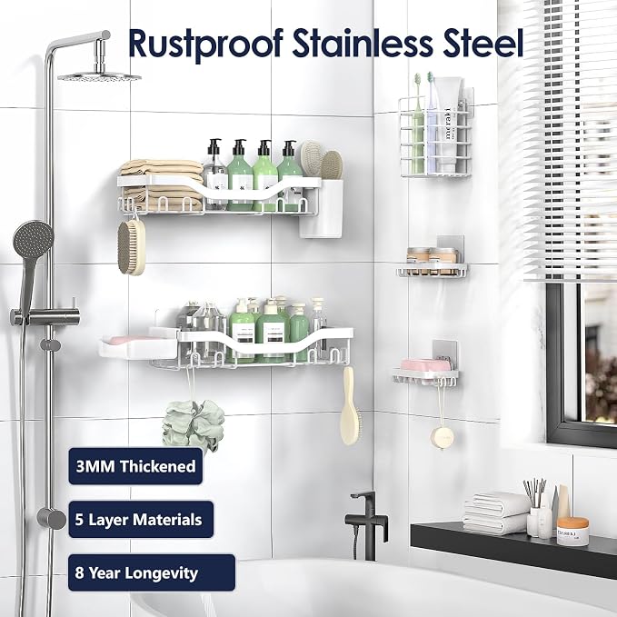 NESOMI Shower Caddy Adhesive Shower Organizer 7-Pack, Rustproof Stainless Steel - Image 5
