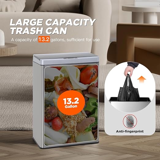 BestOffice 13 Gallon Trash Can Stainless Steel Kitchen Garbage Can - Image 3