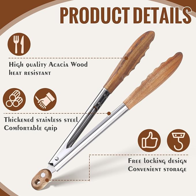 Baderke 1 Pcs Kitchen Tongs for Cooking Wooden Utensil Set Salad Tongs - Image 2