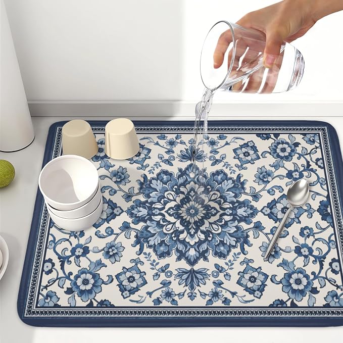Blue Floral Dish Drying Mat for Kitchen Counter Vintage Flower Pattern - Image 5