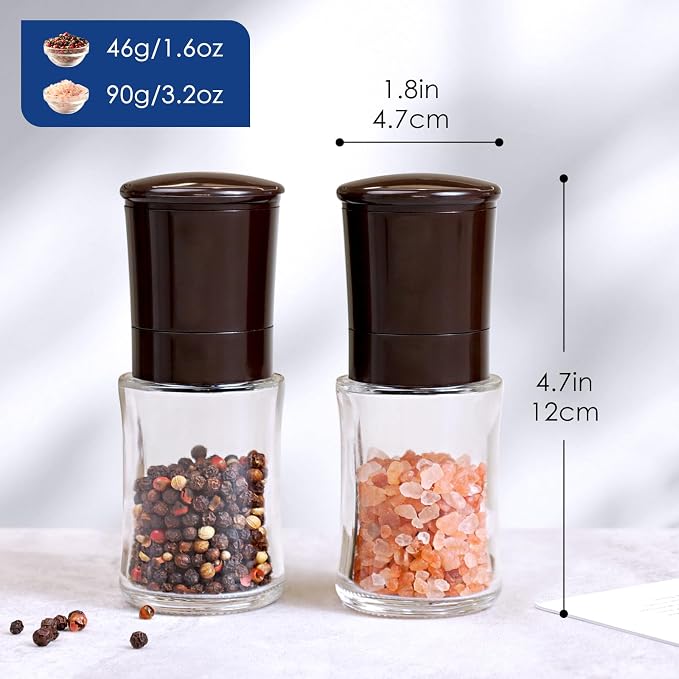 Vzaahu Salt and Pepper Grinder Set Brown, Refillable Small Shakers, Adjustable - Image 3