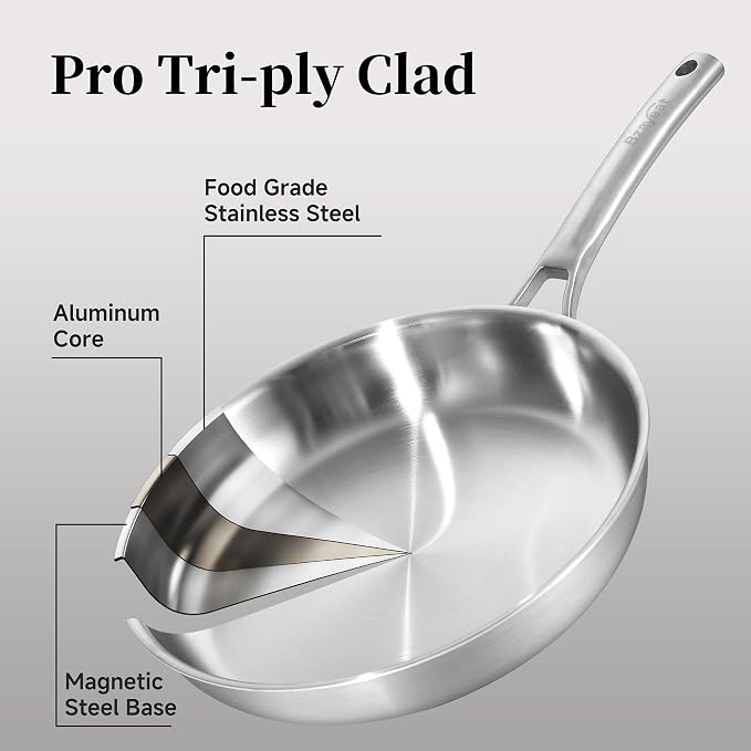 Chef's Frying Pan 12 Inch, Tri-Ply Clad Stainless Steel Skillet, Induction - Image 2
