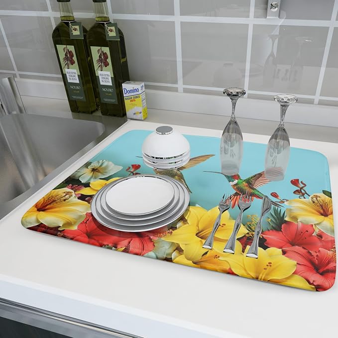 Kawani Spring Summer Hummingbirds Floral Dish Drying Mat - Image 5