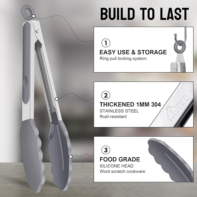 HOTEC Premium Stainless Steel Locking Kitchen Tongs - Image 3